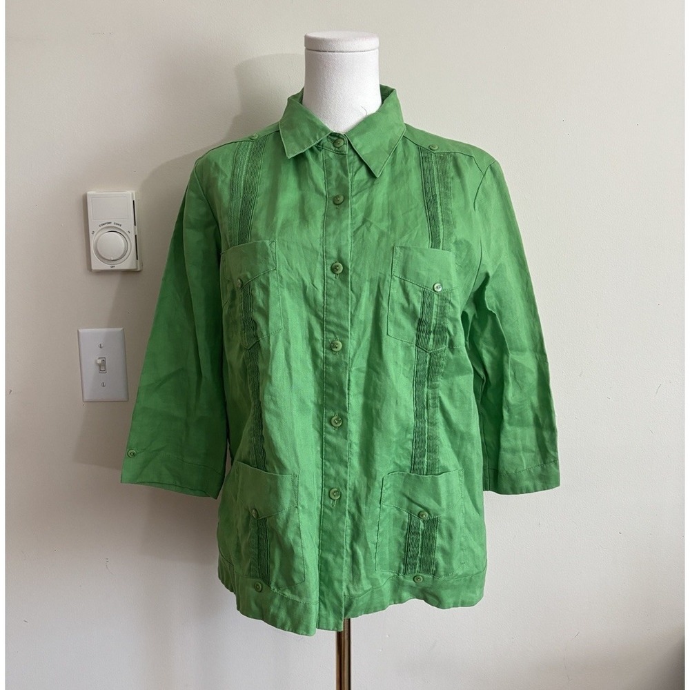 Vintage Y2K 100% Linen Button Up Shirt Womens Medium Mohito Green Coastal Beach
